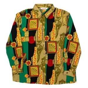 Vintage 70s SIMEON Crazy Cool Pattern Button Up Blouse Shirt Large